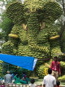 A 25-feet statue of a Hindu God (Ganesha) is hand made out of bananas