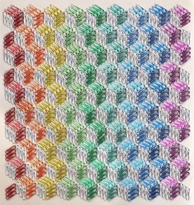 Paper clips arranged in such a way as to create the illusion of cubes