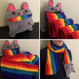 This crochet rainbow barf cat scarf (by Amanda Julien)